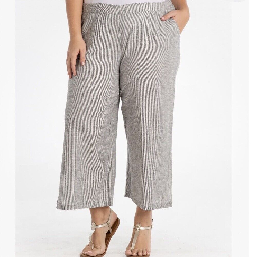 Fresh Produce Womens 1X Gray Stripe Slits Wide Leg Elastic Waist Pull On Pants